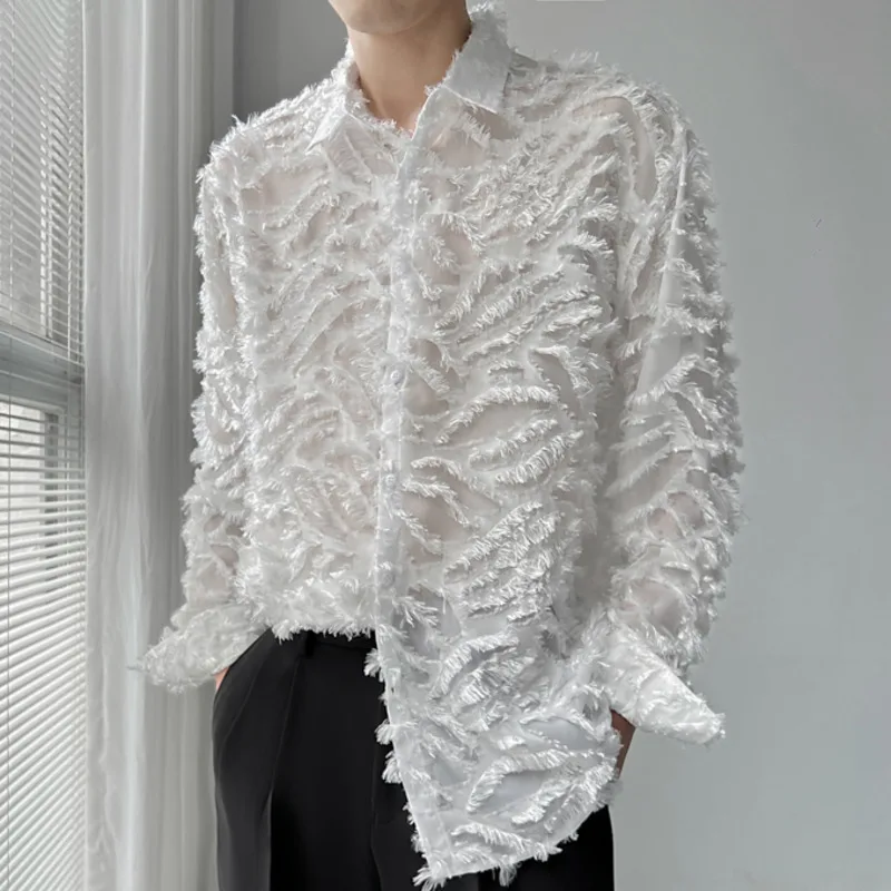 Fall Vintage Lace Dress Shirt Stage Clothing Men See Through Loose Casual Thin Sun Protection Long Sleeve Shirt Male Black White