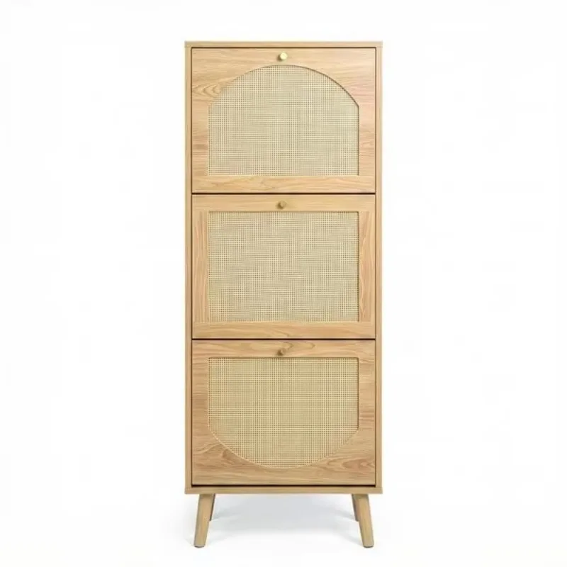 Three-layer natural wood color rattan woven shoe cabinet storage cabinet 54*24*135