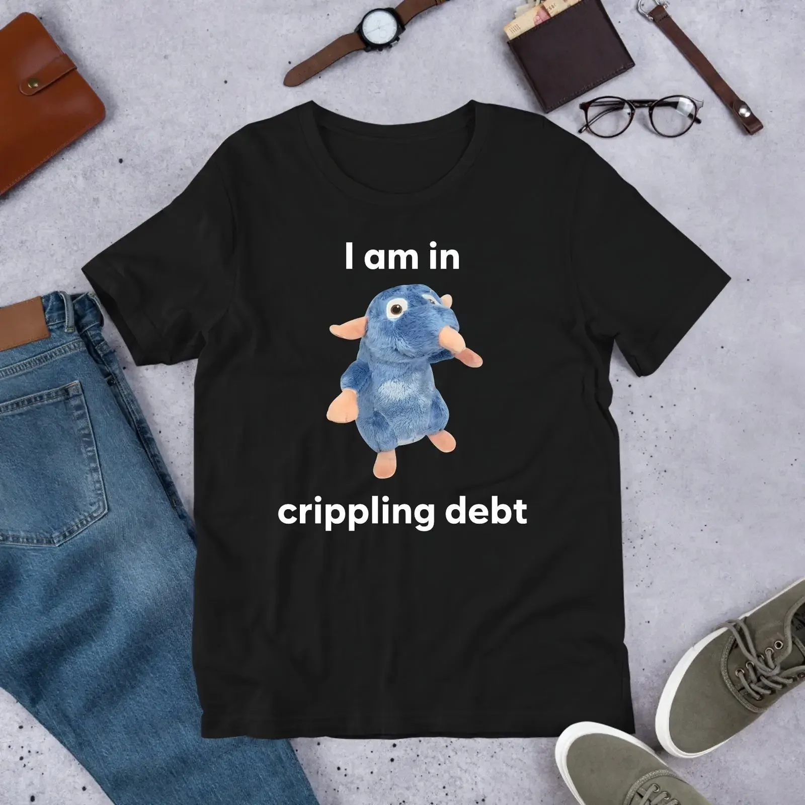 I Am In Crippling Debt Remy Rat Meme T Shirt Funny Ironic Unhinged Cursed Gag For Lovers vintage Washed Casual fashion