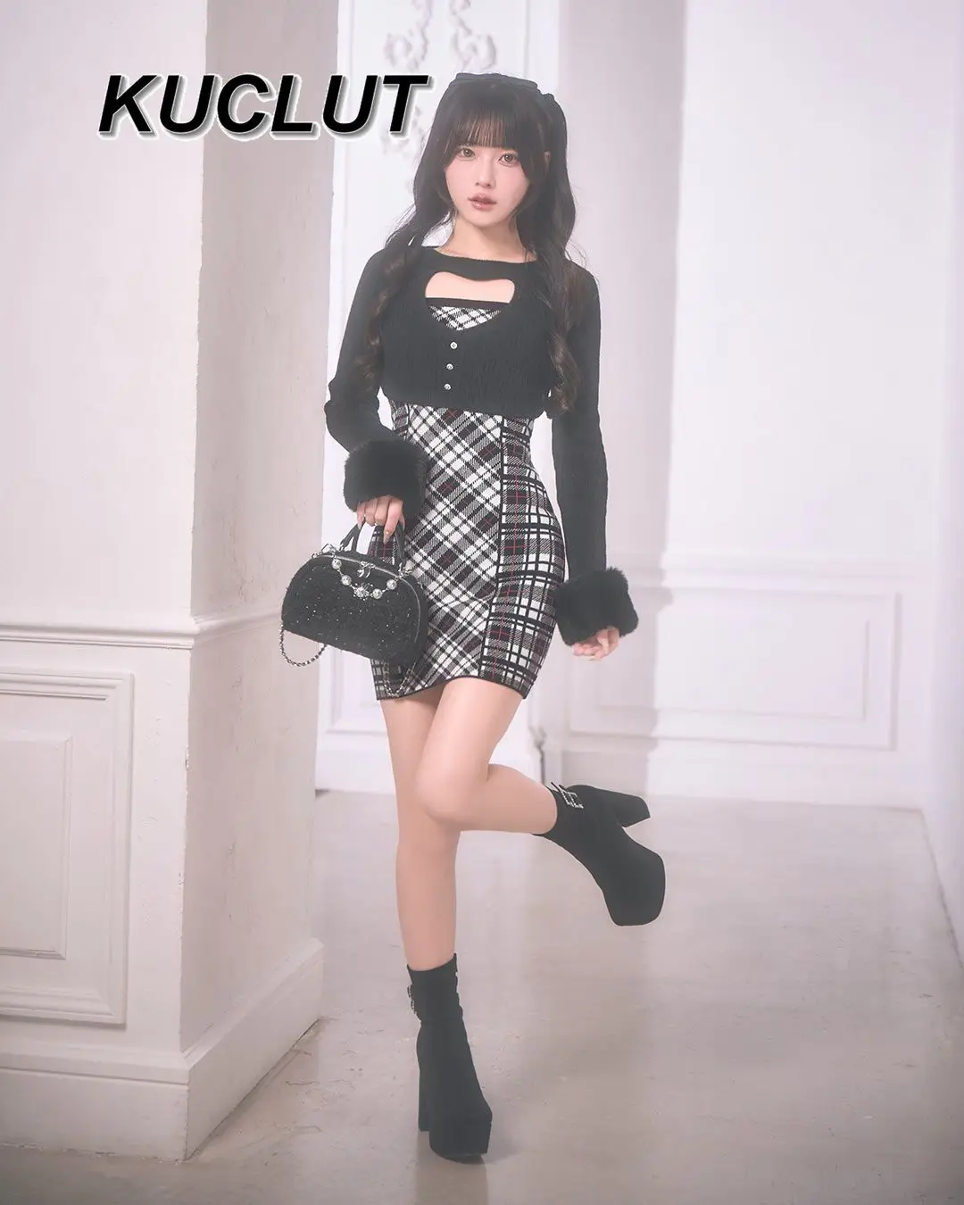 النمط الياباني Houndstooth المرقعة فستان قصير غير رسمي المرأة الجوف خارج محبوك فساتين طويلة الأكمام للنساء ربيع الخريف