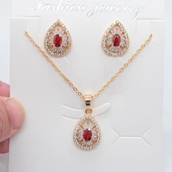 Fashion Gold Color Women Red CZ Teardrop Stud Earrings & Pendant Wedding Jewelry Set