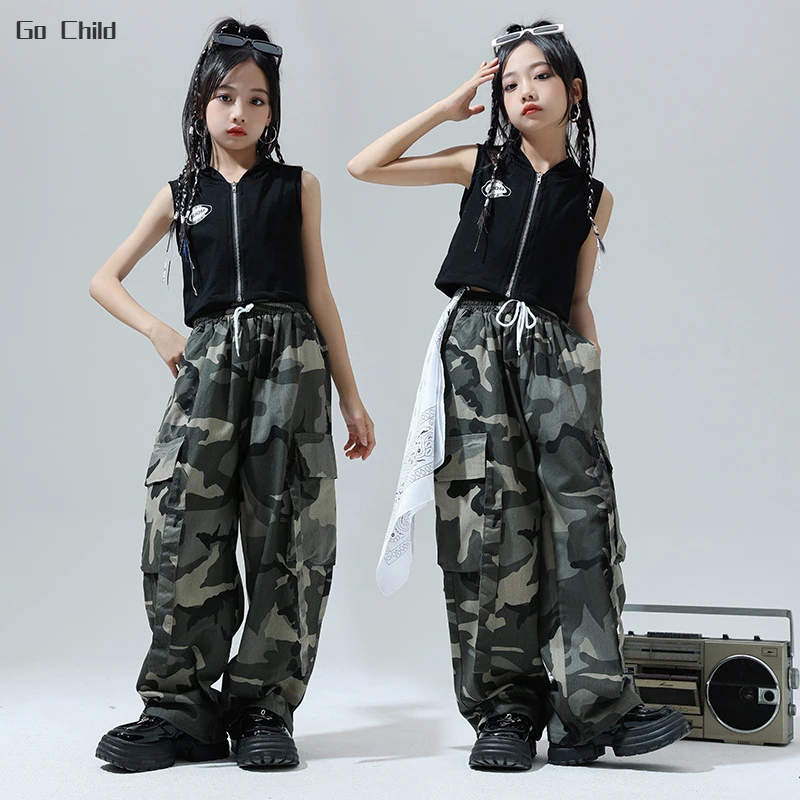 Girls Hip Hop Hoodies Camouflage Cargo Pants Children Street Dance Crop Tank Top Kids Streetwear Jazz Hooded Vest Clothes Sets