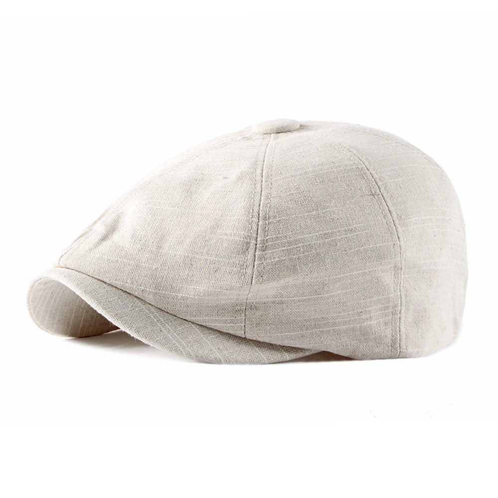 BUTTERMERE Linen Newsboy Cap Men Beret Hat Spring Summer Light Gray Eight Panel Hat British Style Vintage Casual Octagonal Cap