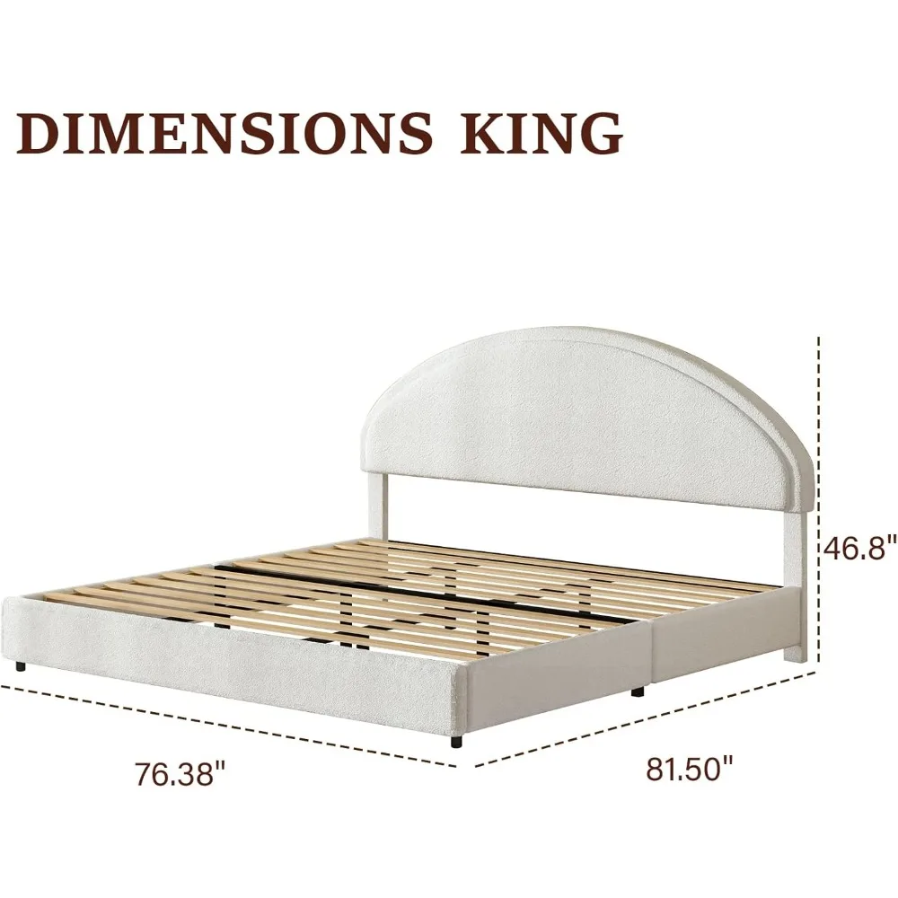 King Size Bed Frame, Modern Style, Soft Arch Shaped Round Headboard, Boucle Upholstered Platform Bed Frame