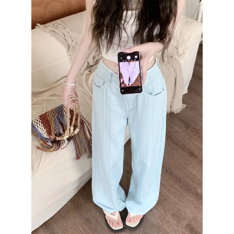 Jeans a righe rosa testurizzati per donna Pantaloni lunghi casual dritti a vita alta sottili estivi