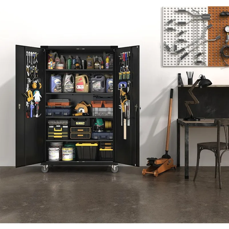 VINGLI Upgraded Wide & Deep Garage Storage Cabinet,Metal Storage Cabinet with Pegboards, Wheels,Locking Doors Adjustable Shelves