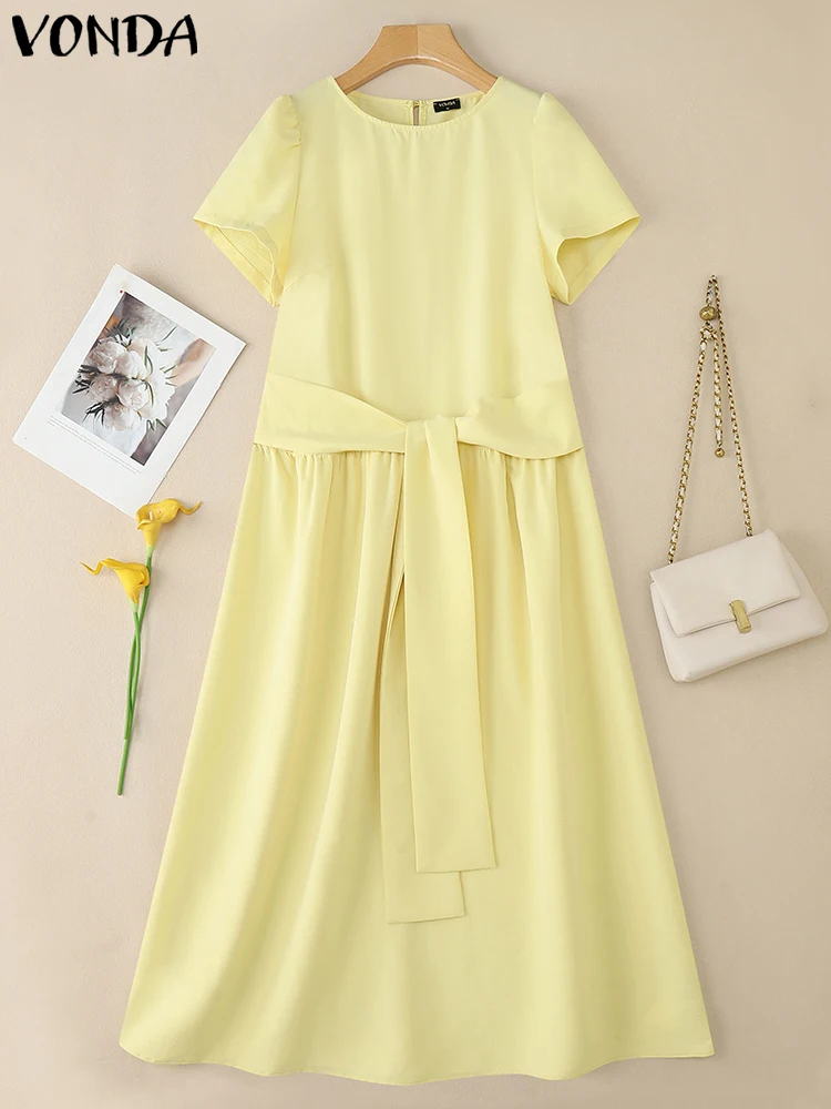 Plus Size 5XL VONDA Elegant Maxi Dress Women Summer Long Sundress 2025 Bandage Casual Solid Color Party Holiday Vestido Overszie