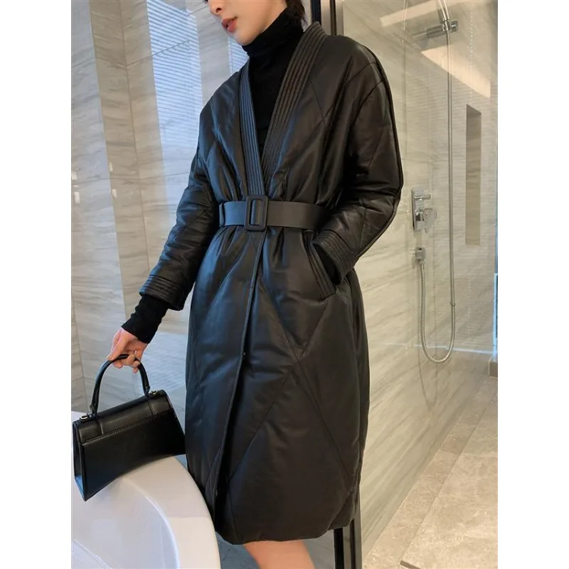 New Spring Autumn PU Leather Down Cotton-padded Clothes Cotton-padded Jackets Women's Mid-length Coats Waist-cinching Jackets