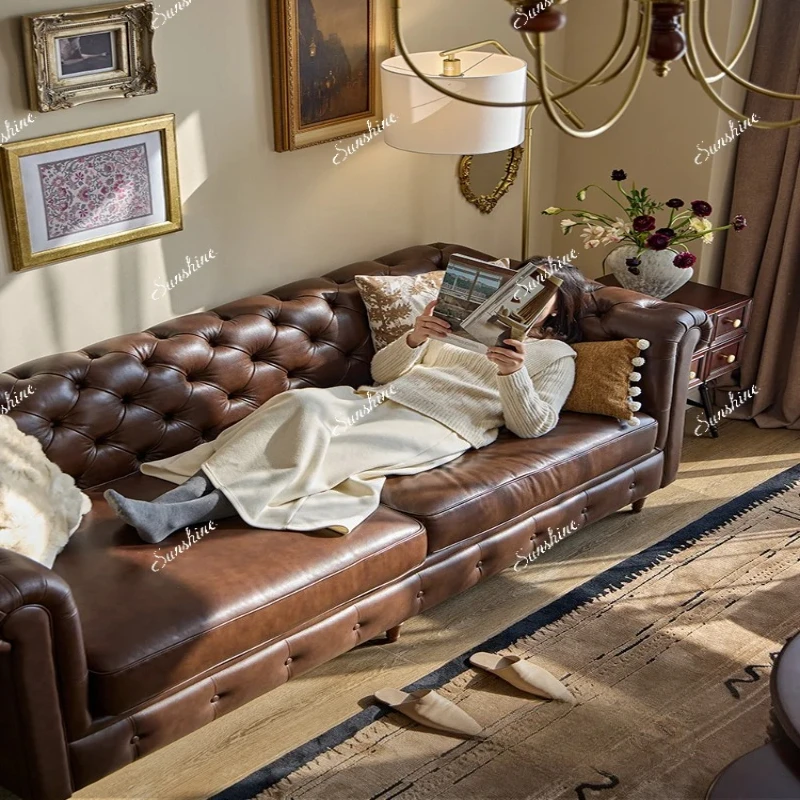 

Retro high-end solid wood straight row leather sofa small apartment home FT