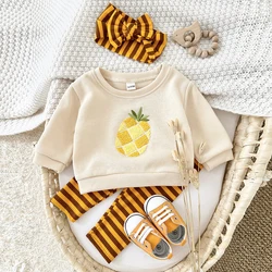 3PCS Children's Clothing Boy Autumn Baby Outfit Set Gir Suit Fruit Embroidery Tops+Pants Pure Cotton Striped Soft+Baby Hair Band