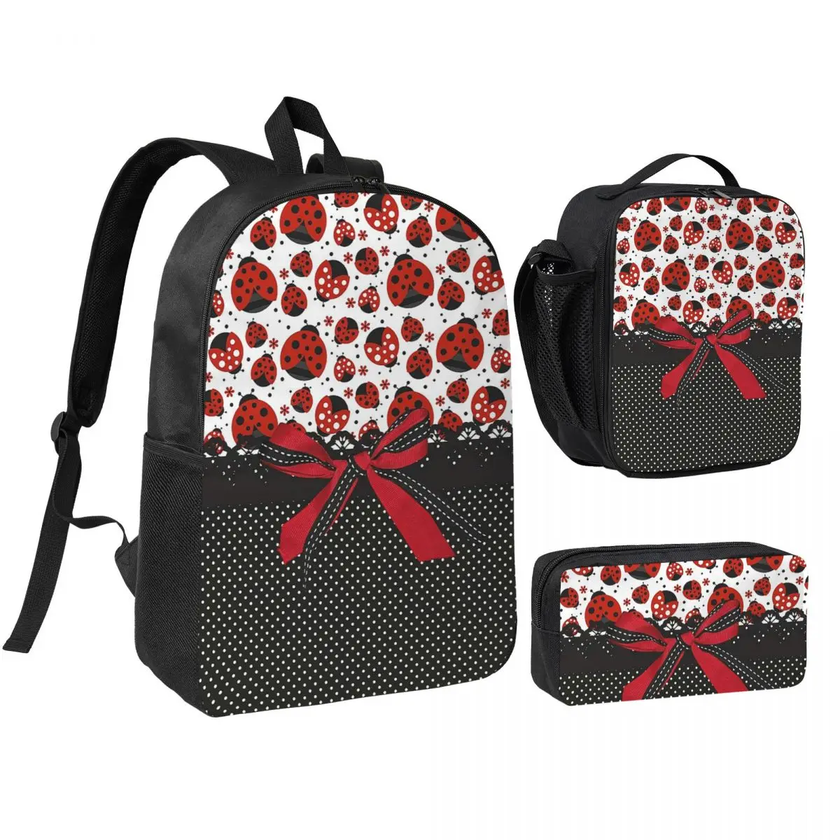 Cute Ladybug And Red White Polka Dots Backpack Boys Girls BookBag School Bag Shoulder Bags 3ps Insulated Lunch Bag Pencil Case