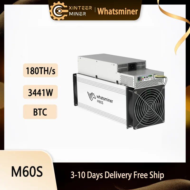 New Whatsminer M60S 180Th/s Bitcoin Miner 3441W MicroBT Mining SHA-256 Algorithm, Free Shipping