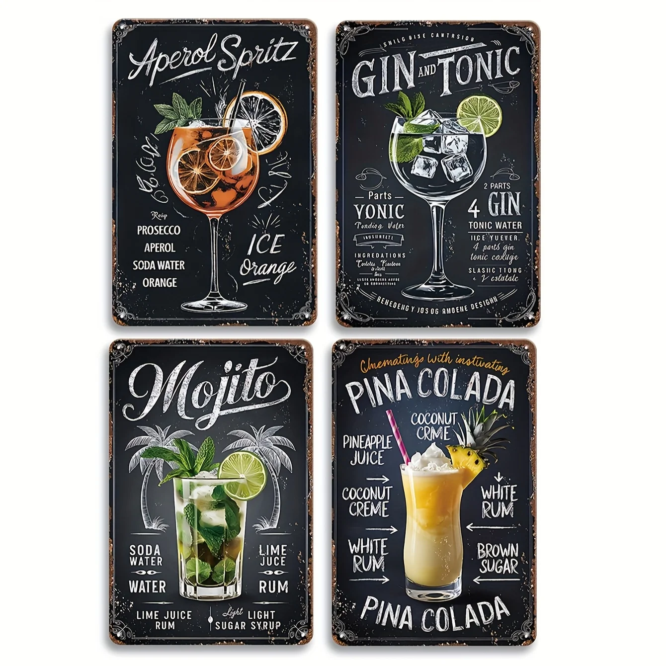 Letreros Metálicos Vintage para Cócteles - Arte de Pared Retro Rústico con Aperol Spritz, Mojito, Piña Colada, Gin Tonic para Decoración de Bares y Hogares, Divertidos