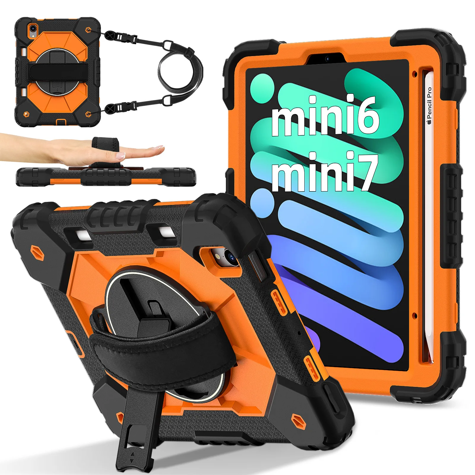 For iPad mini 7 A17 Pro 2024 Mini 6 2021 8.3 Kickstand Case Universal 360 Rotating Heavy Duty Cover Anti-Slip Shoulder Strap