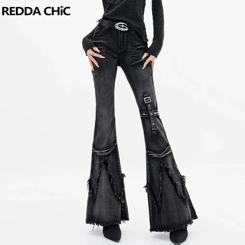 

ReddaChic женские расклешенные джинсы с необработанными краями, старые эластичные тонкие брюки-карго с высокой талией и поясом, декор, брюки-карго Y2k, одежда в стиле ретро