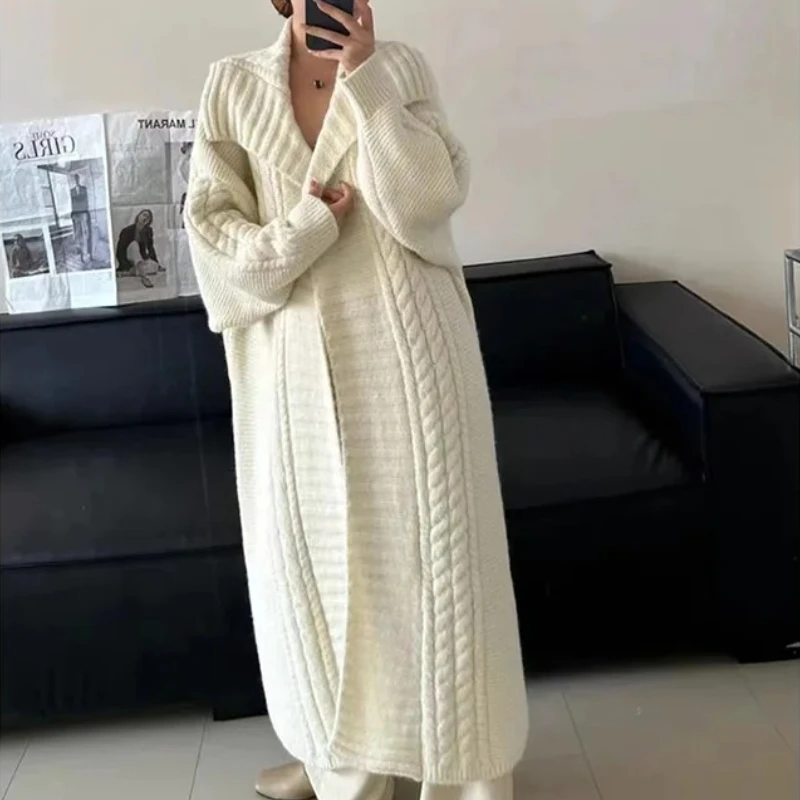 

Women Cardigan Sweater Knitted Jumpers Solid Chunky Cable Turn Down Collar Longline Open Stitch Loose Y2k Casual 2025 Autumnn