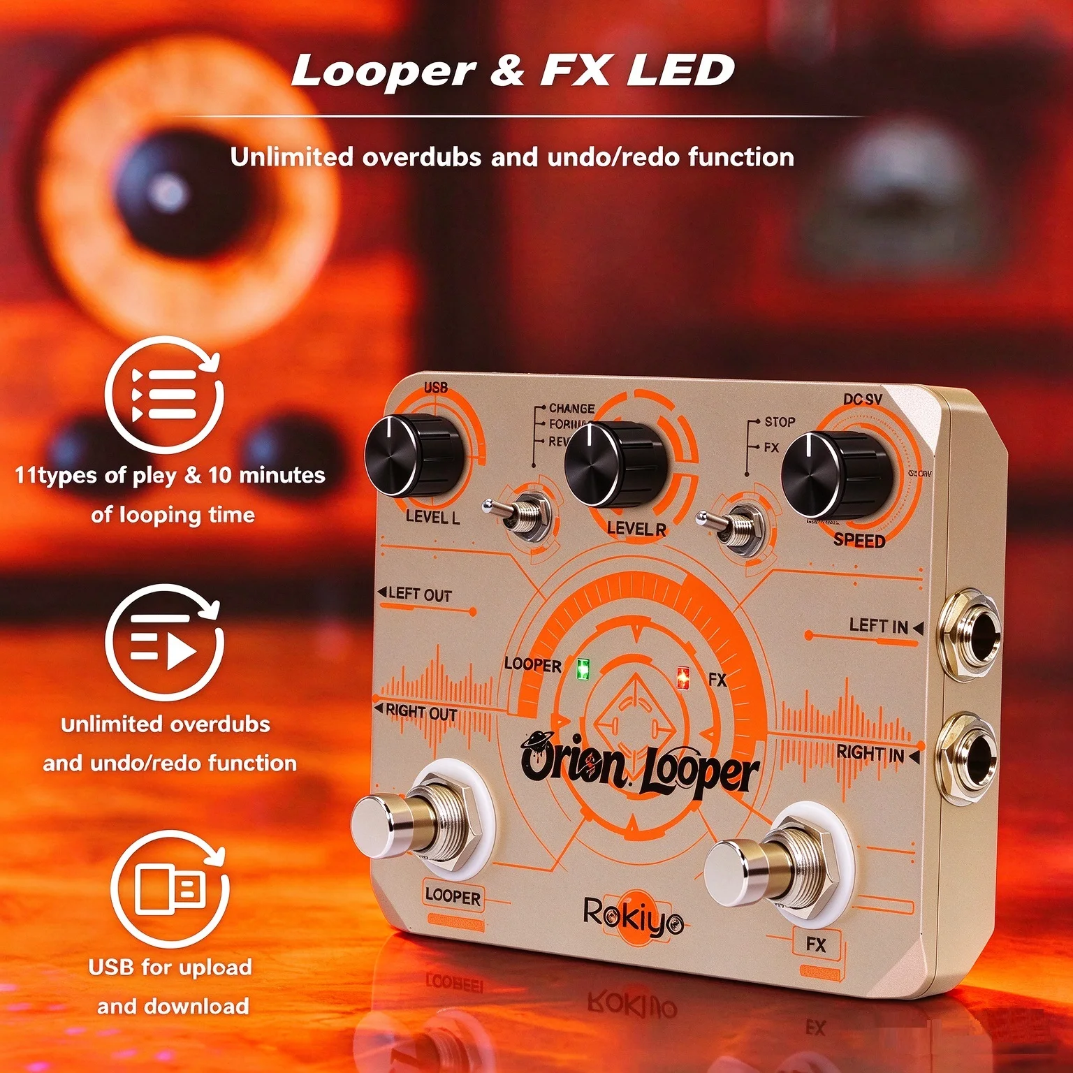 Rokiyo Orion Looper Guitar Pedal 11 Modes  Stereo Loop Effects 10 Mins Looping Time Unlimited Overdubs Reverse Speed Playback