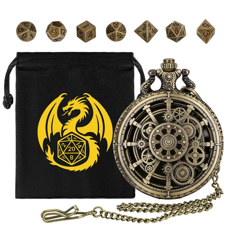 

7pcs/set Mini Size Metal Polyhedral DND Dice with Steampunk Hollow Gear Pocket Watch Shell Case Dice Set for Table Board Game