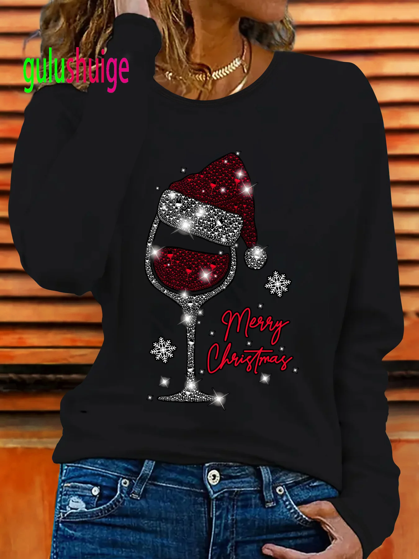 Christmas Santa Hat Red Wine Glass Snowflake Merry Christmas Casual Party Cute Elegant Fashion Casual Round Neck Long Sleeve Top