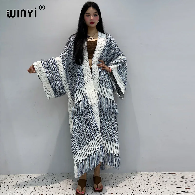 WINYI winter coat for women gradient print tassels Luxury Fur Loose OverCoat Thick Warm long down coat Elegant cardigan jacket