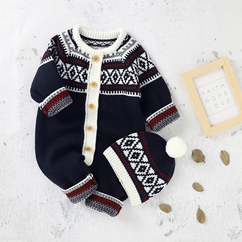 Autumn Newborn Baby Rompers Hats Outfits 2pcs Winter Casual Long Sleeve Knitted Infant Kids Boys Girls Jumpsuits Toddler Costume