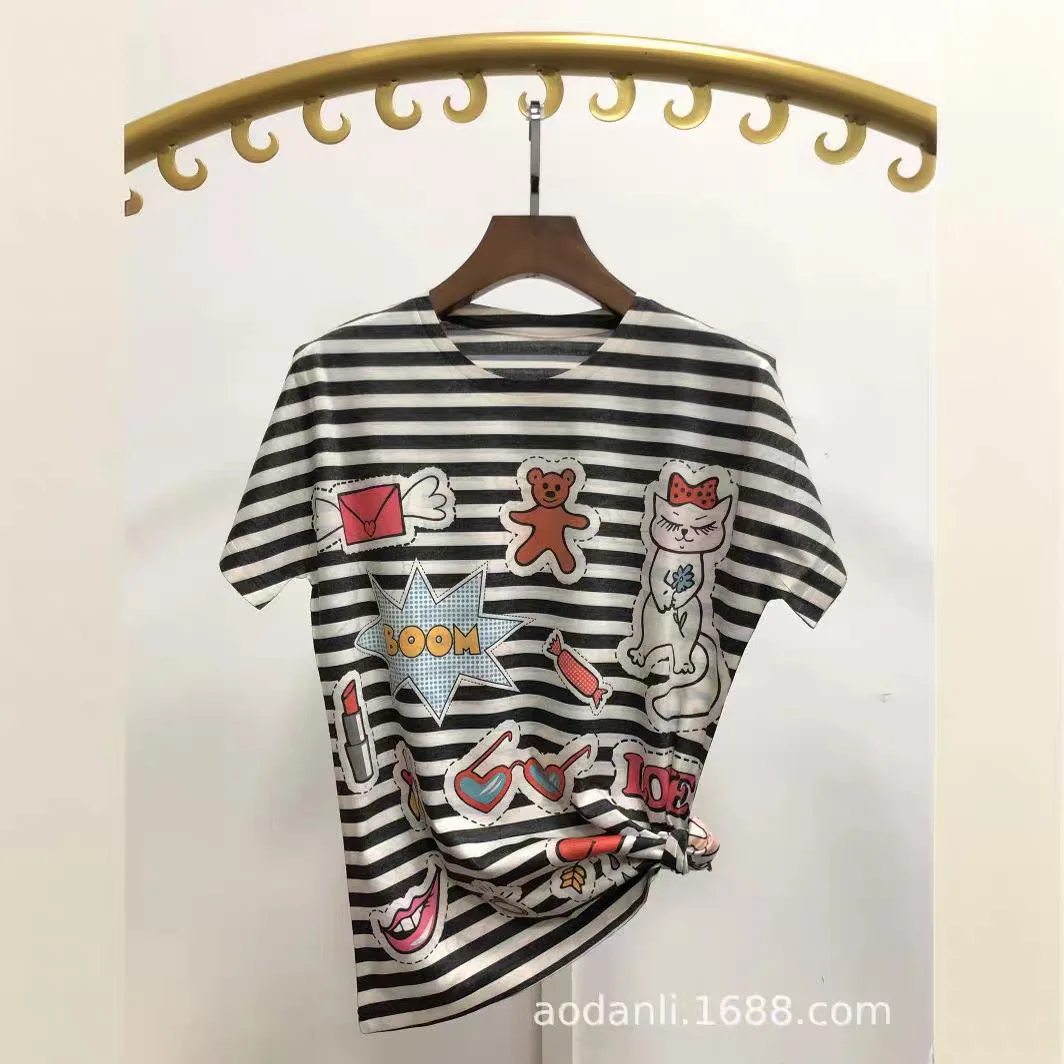 2026 Summer Short Sleeve Striped T Shirts Women Clothes Vintage Style Casual Cartoon Printed Female Tops Женская Одежда
