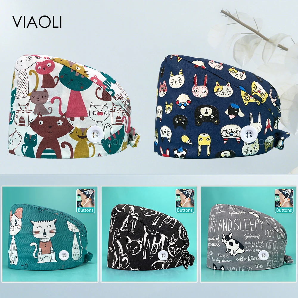 Chapeaux d'infirmière en coton réglables avec bandeau, chapeaux unisexes, absorbant la sueur, élastique multicolore, motif pour animaux de compagnie