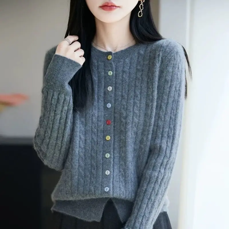 

High-Grade Knit Sweater Crewneck Cardigan Coat Autumn and Winter New Long Sleeve Knitwear Female Basic Solid Color Soft Sweaters