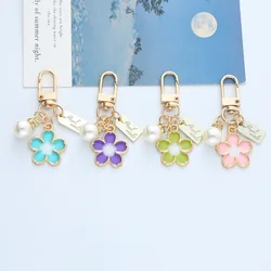 Fashion Sweet Cherry Blossom Imitation Pearl Keychain for Women Simple Letter Tag Keychain Earphone Case Bag Decoration Jewelry