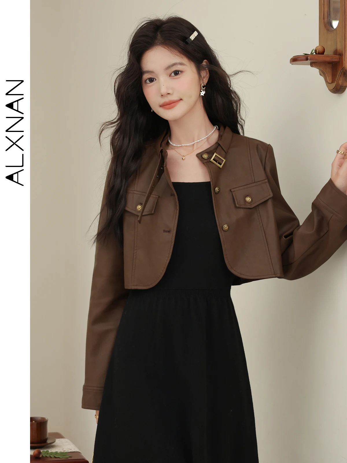 ALXNAN-Veste en cuir rétro pour femme, col rond réglable, bouton en métal, automne, hiver, court, vendu séparément, LXN32260PY, 2024