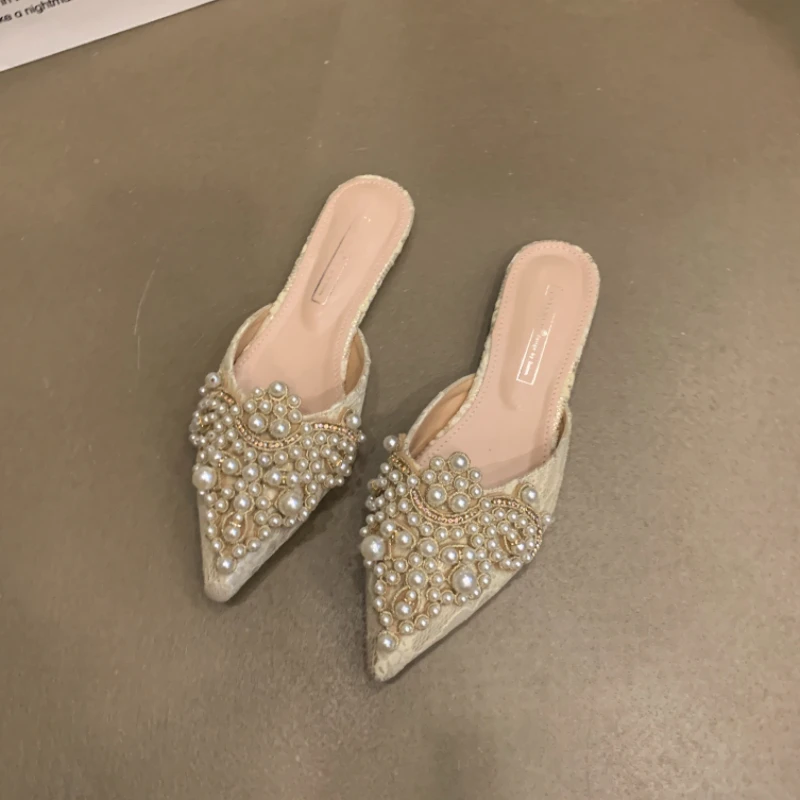 2024 Fashion Spring Summer Fashion Sexy Women's Shoes Elegant String Bead Crystal Slip-On Thin Heels Slipper Women's Footwear