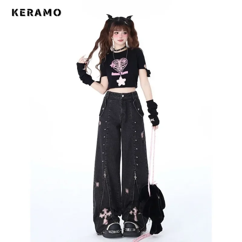 Hotsweet Vintage High Waist Straight Emo Jeans Women\'s Casual Zipper Pants Baggy Y2K Wide Leg Grunge Gothic Street Denim Trouser