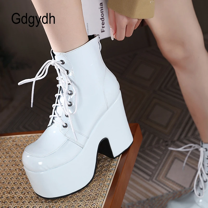 Gdgydh Women\'s Platform Chunky High Heel Lace Up Combat Boots Round Toe Black Patent Leather Goth Boots Knight Punk Big Size