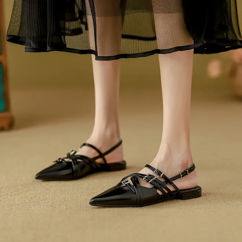 

Gorasion Women Summer Pointed Toe Sandals Genuine Leather Elegant Slippers Buckle Strap Slingback Pumps Toe Cover Versatile Shoe
