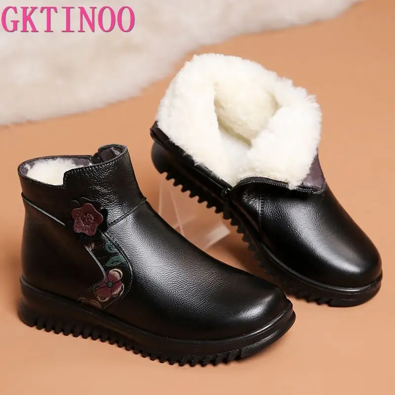 

GKTINOO 2024 Mom Genuine Leather Snow Boots Winter Warm Wool Middle-aged Women's Shoes Soft Bottom Non-slip Short Boots