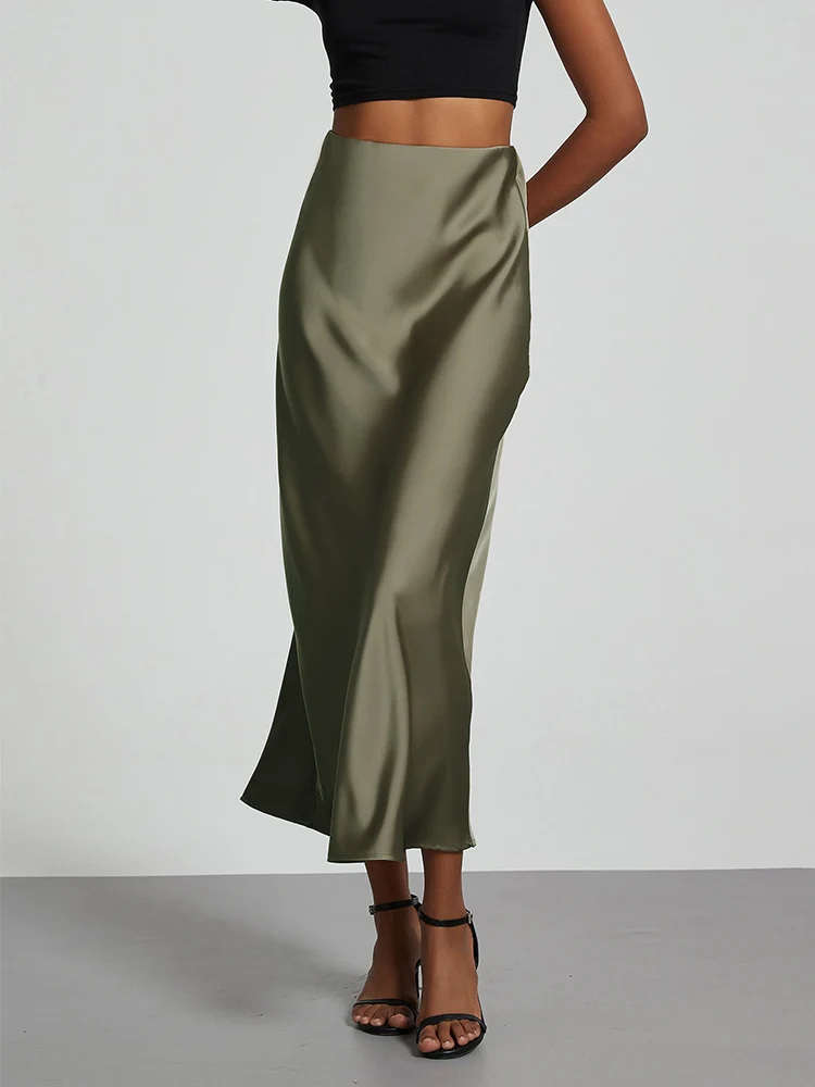 

Fashion Satin Party Long Skirt High Waist Solid Color Casual Basic Women Skirts Fishtail Skirt Chic Summer Woman Clothing 2025