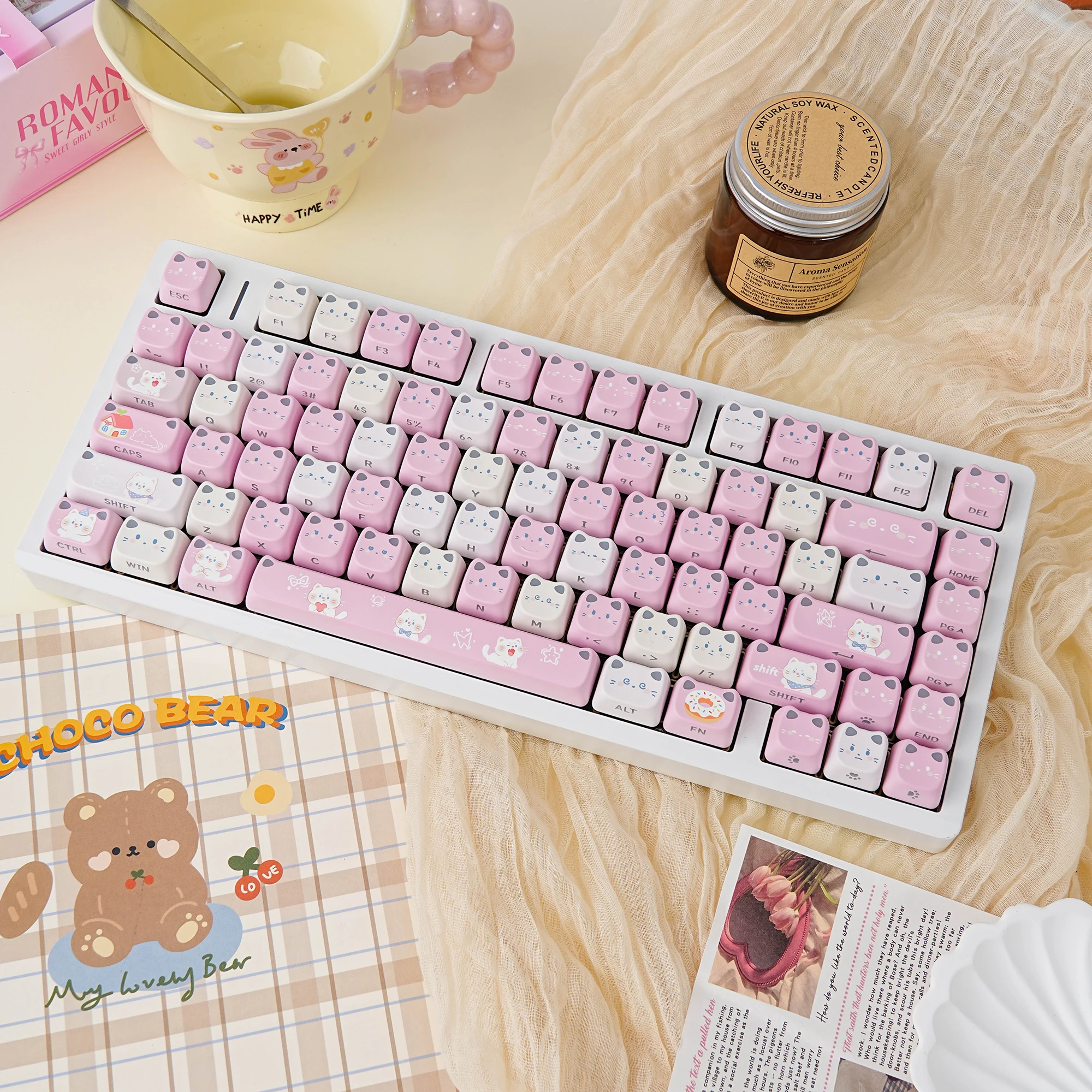 116 klawiszy Cat Keycaps JCM, 5 klawiszy z bocznym podświetleniem, materiał PBT, układ z południową orientacją, do klawiatury mechanicznej, czarno-fioletowe, wodny róż, kotek. — zdjęcie produktu 3