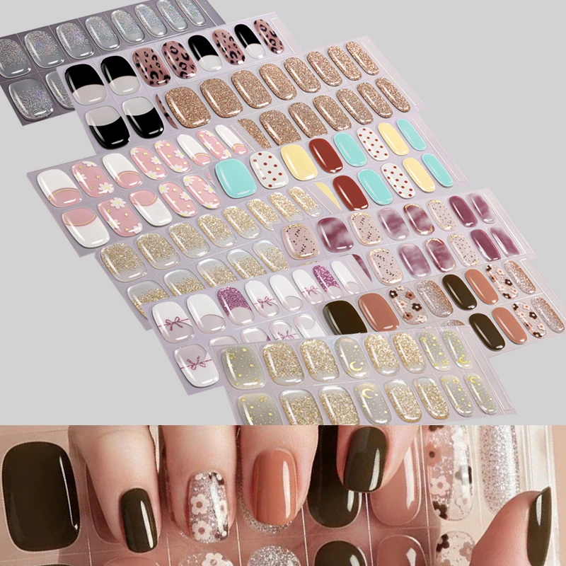 16Tips Soild Color Flash Floristic Semi-Cured Gel Nail Sticker Long-Lasting UV Nail Strips Full Cover UV/LED Extension Gel Nail