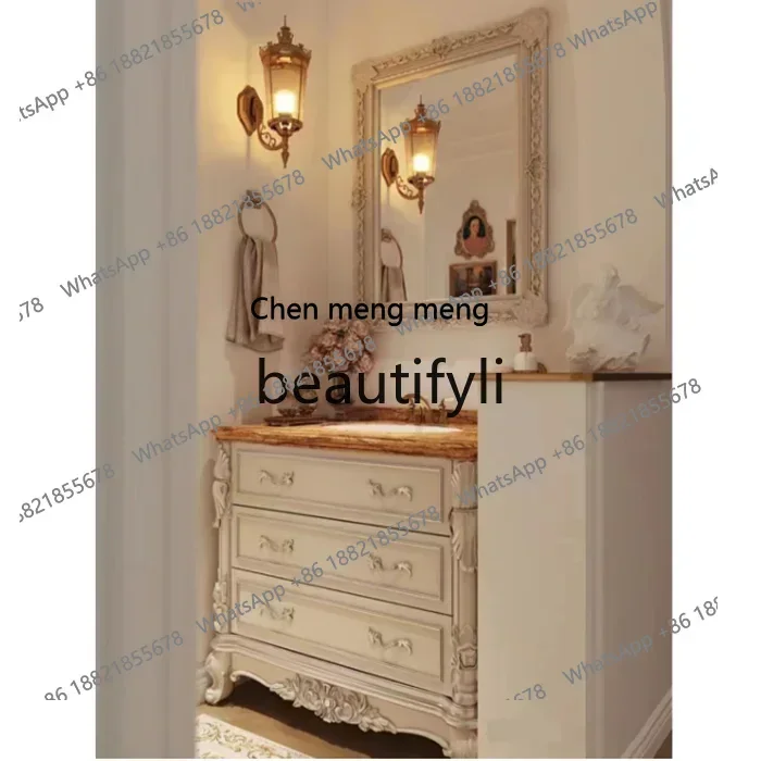European simple bathroom cabinet oak solid wood marble antique, floor-to-ceiling washstand cabinet wash basin