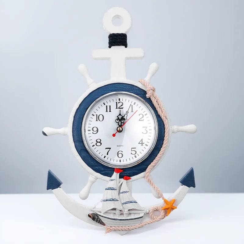 

Mediterranean Style Anchor Clock Nautical Ship Wheel Hanging Decoration Creative Wood Silent Accurate Home Decor