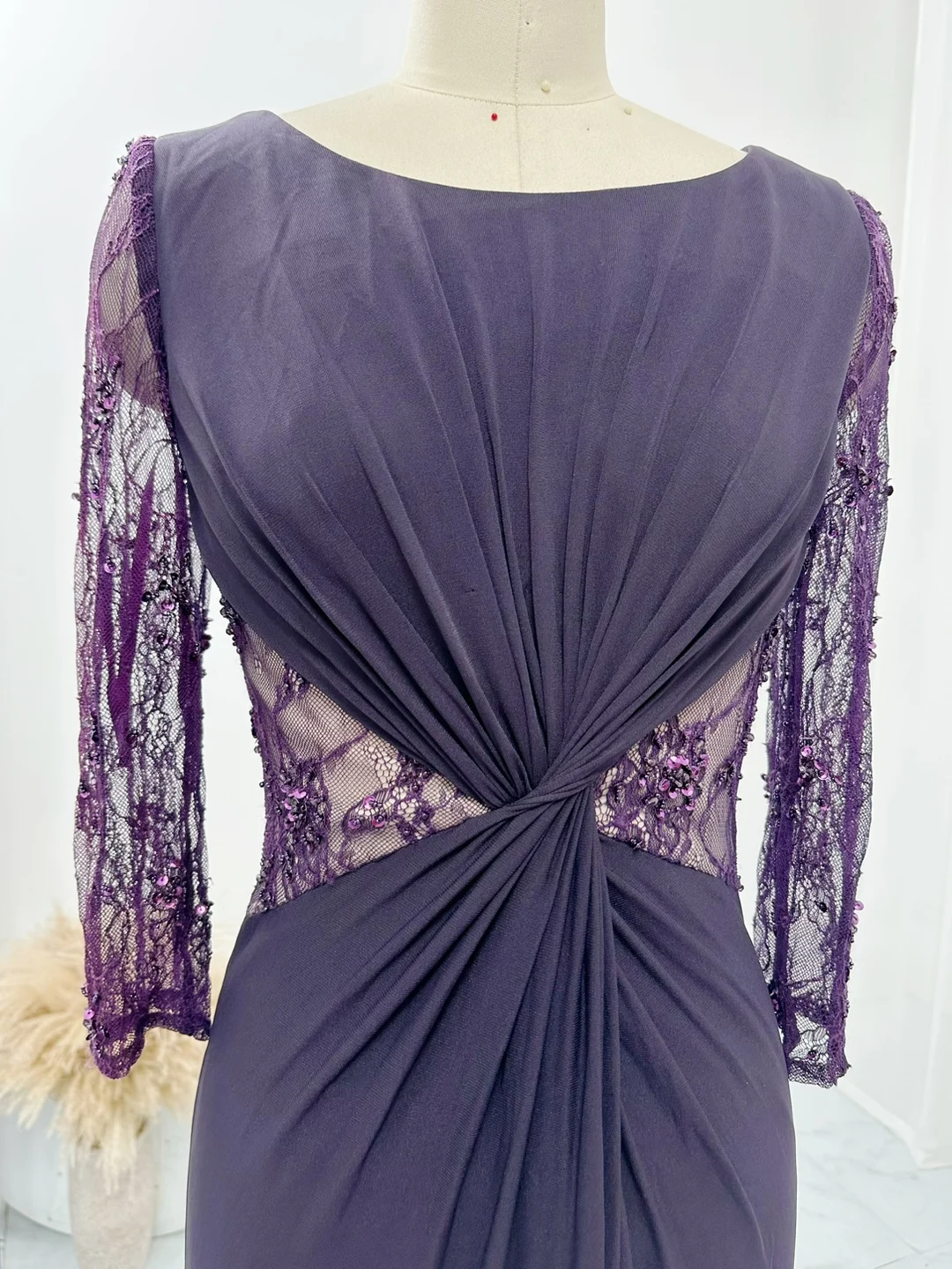 Purple Simplicity Elegant Lace Hollow Fold Waist Long -Sleeved Evening Dress Skirt M1243