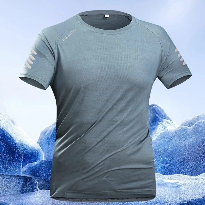 Herren-Lauf-T-Shirt 2026 Sommer Eisseide Dünne Oberteile Reflektierender Druck Schnelltrocknend Kurzarm Atmungsaktive Fitness-T-Shirts
