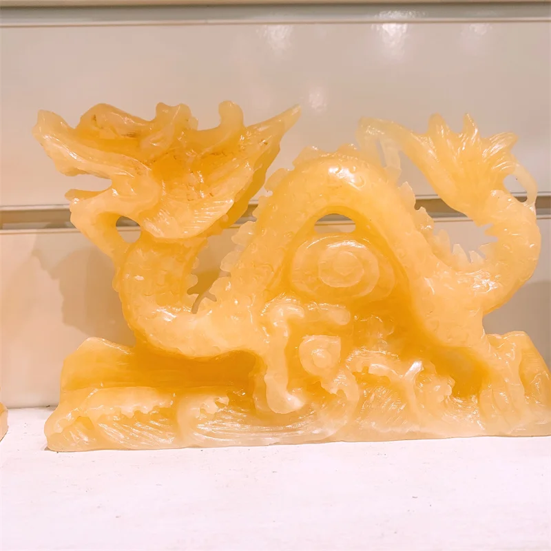 Natural Yellow Calcite Chinese Dragon Carving Polished Statue Healing Healthy Children Toy Home Decoration Gift 1pcs