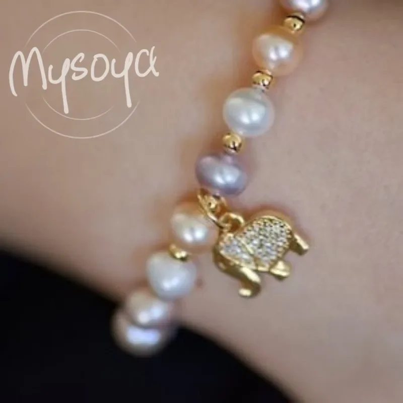 

MYSOYA White Purple and Pink Freshwater Pearl Elephant Pendant Bracelet 5-6mm With Gift Box For Her/Him Birthday/Wedding Gift