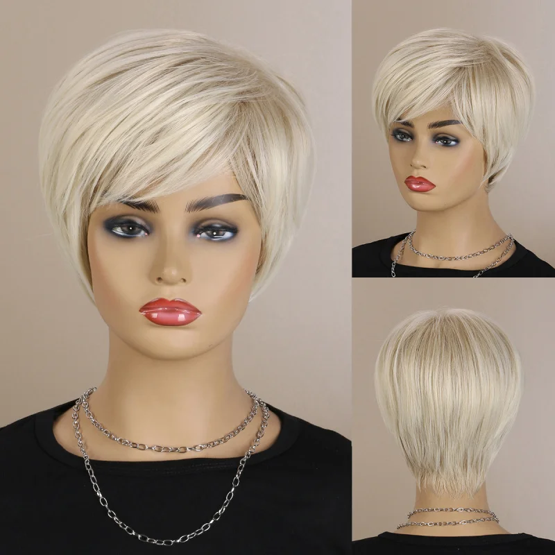 

Elegant women's short straight hair wig, voluminous full headpiece, European and American style, golden synthetic fiber, in stoc