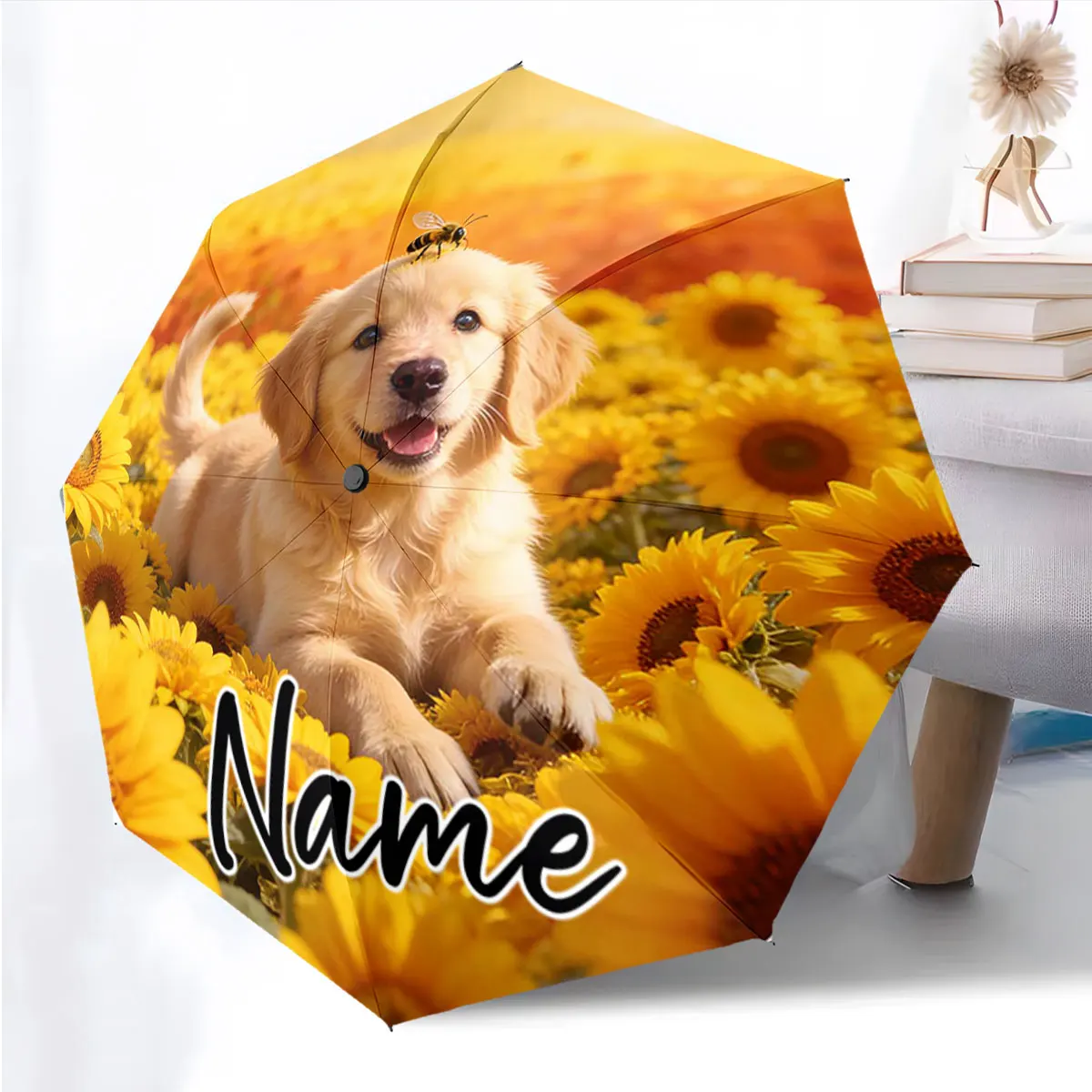 Custom Name Golden Retriever in a Sunflower Field Umbrella Print 8 Iron Ribs Folding Umbrella Auto-Open Fashion Sunshade