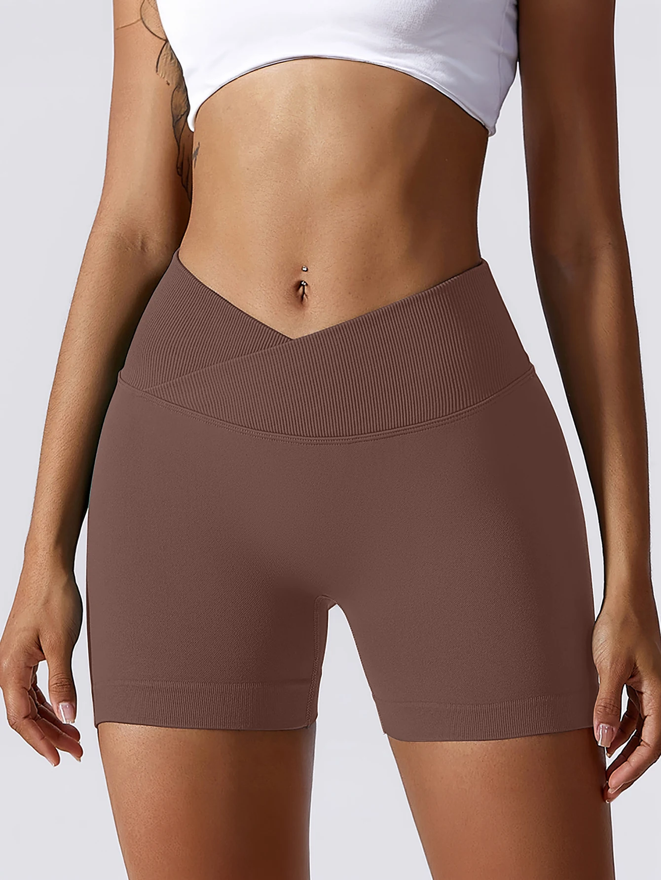 Damen Cross-Waist Workout-Shorts - Hochgeschnittene Gerippte Radlerhosen für Yoga, Laufen & Fitness