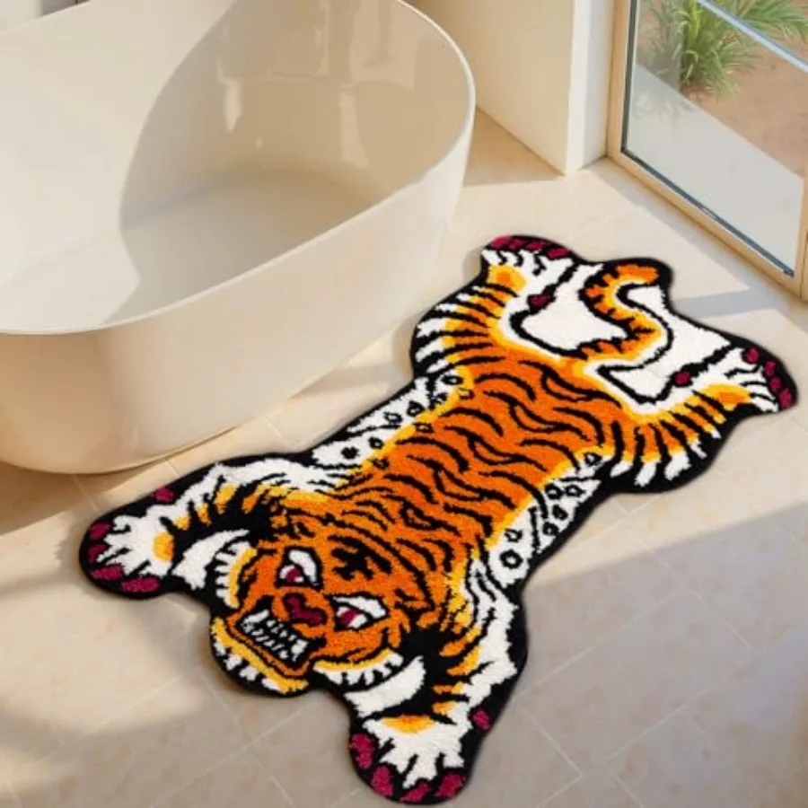 

Orange Tibetan Tiger Bath Mat Bathroom Rug Non Slip Ultra Soft Plush Tufted Cute Bathroom Mat Cool Animal Funky Area Rugs Absor