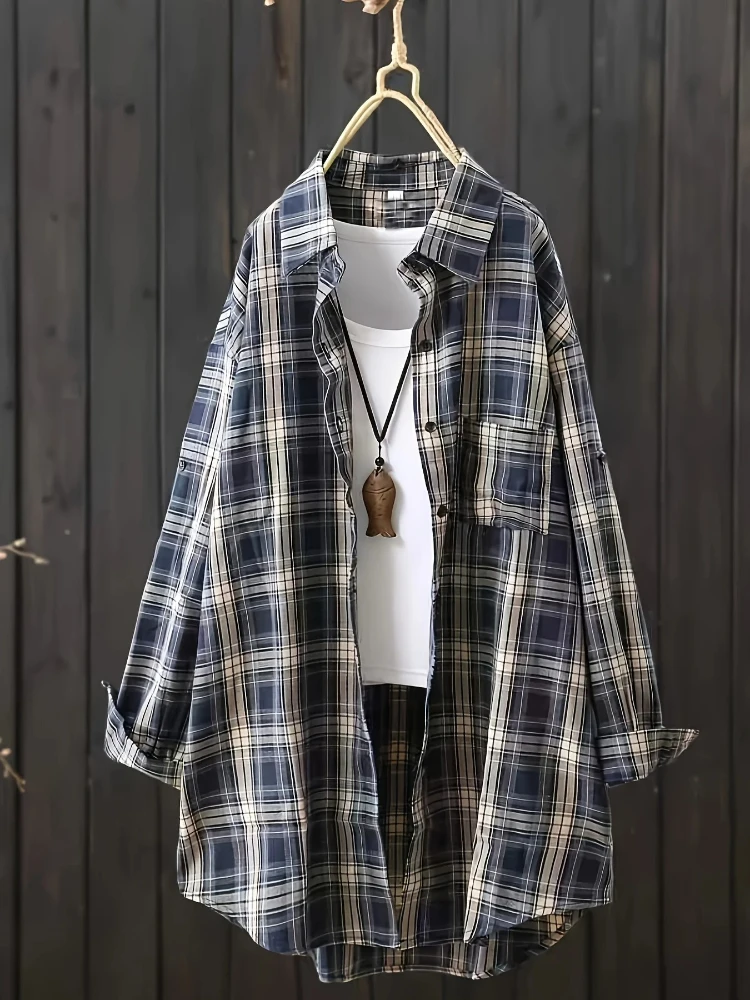 

Женский топ больших размеров 2025 г., черно-белая клетчатая рубашка с воротником-поло, весна и лето, для ношения с взрывом