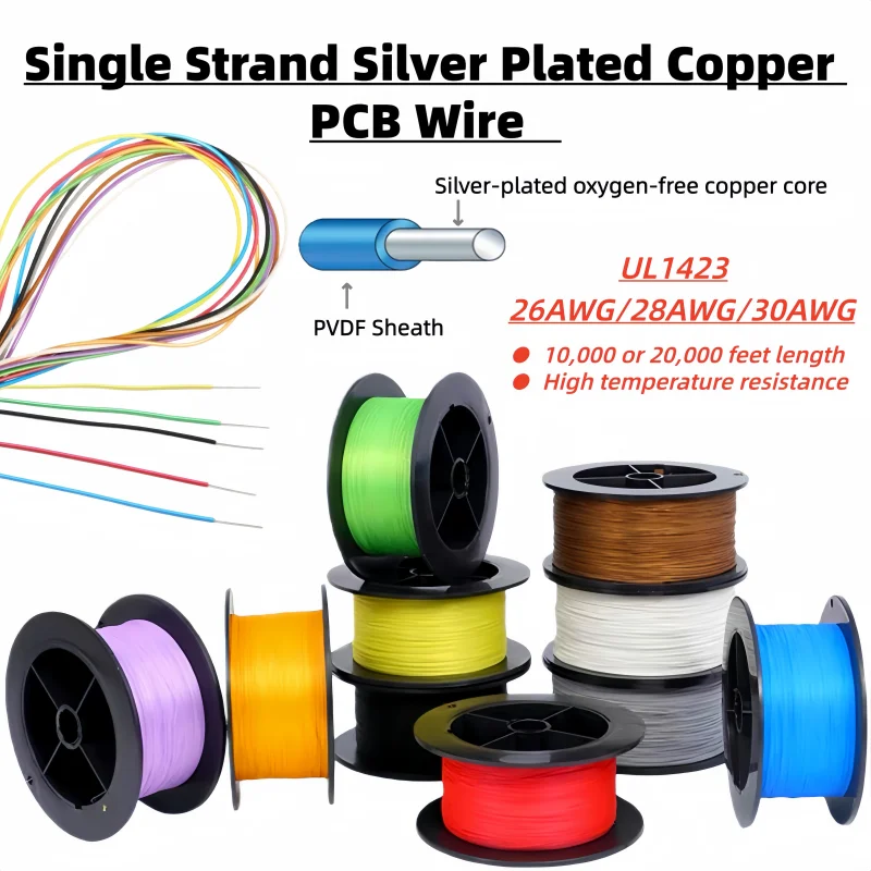 

20000 футов/рулон, посеребренный медный провод из ПВДФ, 28 AWG, микротонкий UL1423, высокотемпературный электронный одножильный кабель «сделай сам», печатная плата